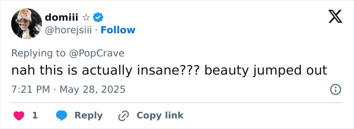 Screenshot of a tweet praising Jenna Ortega's beauty, posted in response to PopCrave on May 28, 2025.