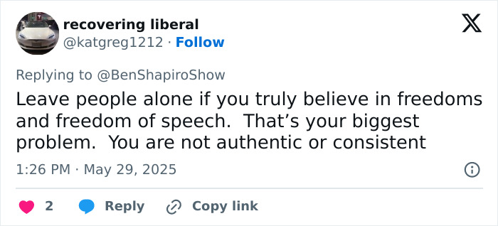 Twitter reply criticizing Ben Shapiro for inconsistency and questioning his views on freedom of speech. Twitter reply criticizing Ben Shapiro for inconsistency and questioning his views on freedom of speech.