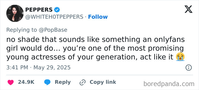 Tweet comment reacting to Sydney Sweeney launching soap with her own bath water, praising her as a promising young actress.