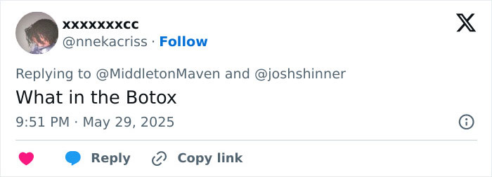 Screenshot of a social media reply mentioning Botox in response to Kate Middleton's right hand belonging to a male editing accusations.