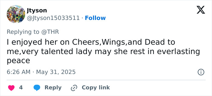 Twitter comment praising the talented Desperate Housewives and Young Sheldon actress, expressing condolences for her passing.