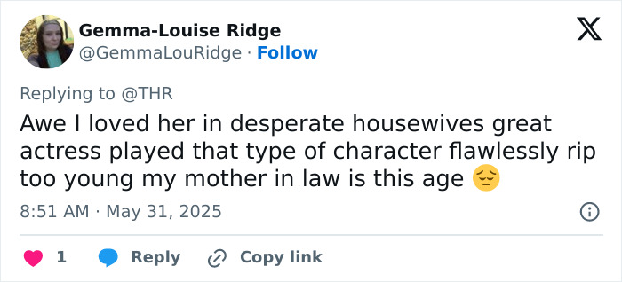 Tweet by Gemma-Louise Ridge expressing sadness over the passing of desperate housewives and young sheldon actress at 71.