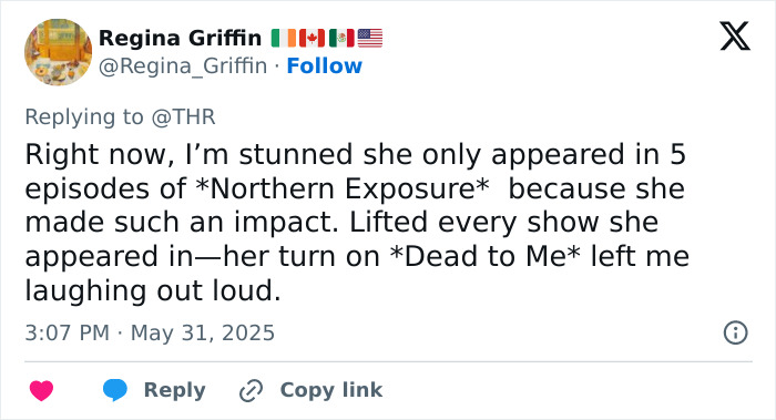 Tweet by Regina Griffin expressing admiration for an actress known for roles in Desperate Housewives and Young Sheldon.