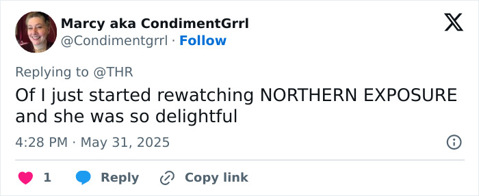 Twitter user sharing thoughts on rewatching Northern Exposure, reflecting on the actress from Desperate Housewives and Young Sheldon.