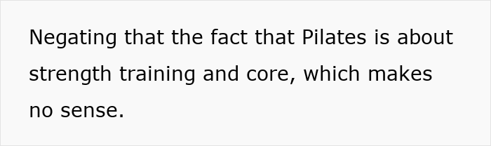 Text stating Pilates focuses on strength training and core, addressing misconceptions about people 200 lbs and over doing Pilates.