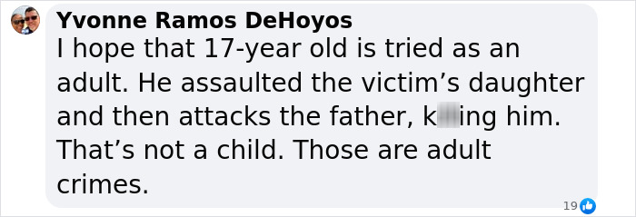Comment expressing hope that teen accused of assaulting daughter and fatally beating her father is tried as an adult.