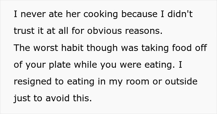 Text excerpt about roommate stealing food off plate causing frustration and eating alone to avoid it.
