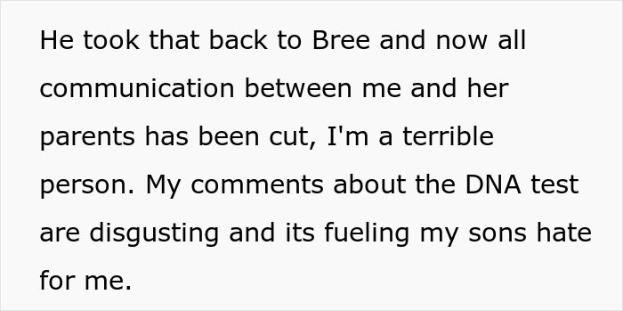 Text excerpt discussing strained communication and a DNA test causing conflict related to teen son getting girlfriend pregnant on purpose.