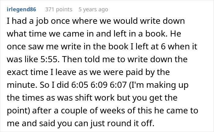 Screenshot of a Reddit comment about a worker following a strict one-minute late rule and stopping overtime hours.
