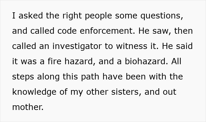 Text describing a neglectful mom and her boyfriend causing a fire and biohazard risk, with sister calling authorities on dirty kids.