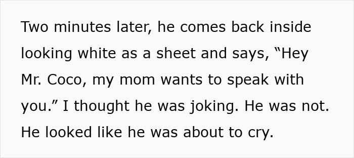 Text excerpt describing a mortified 30-year-old son whose helicopter mom calls his boss demanding him to come home.