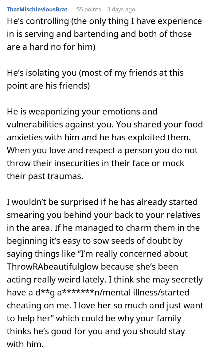 Comment explaining controlling behavior and emotional manipulation in a relationship, relating to suspicions about toothbrush tampering.