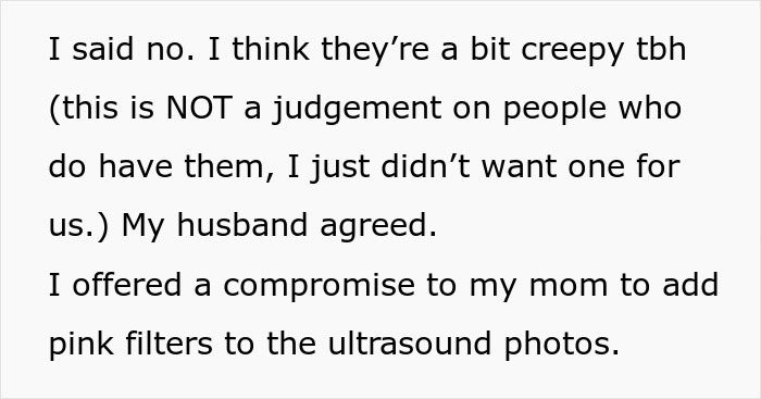 Text excerpt discussing compromise on ultrasound photos and disagreement over gender reveal party preferences.