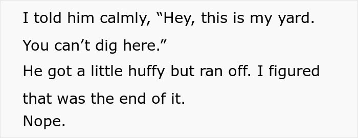 Text from a story about a neighbor child digging and ruining the lawn despite being told to stop calmly.