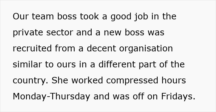 Text excerpt about a team boss change and work schedule, related to employee bullying claims and following company rules.