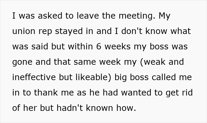 Text excerpt describing a boss-employee conflict leading to the boss being removed after questions were asked.