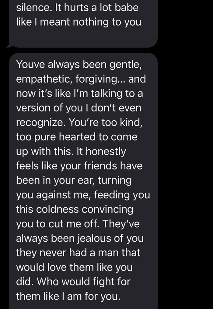 Text messages showing a boyfriend pleading, describing empathy and jealousy around relationship coldness and distance. Text messages showing a boyfriend pleading, describing empathy and jealousy around relationship coldness and distance.