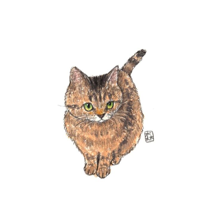 Adorable artwork of a brown tabby cat with green eyes, drawn by a Korean artist, for cat lovers.