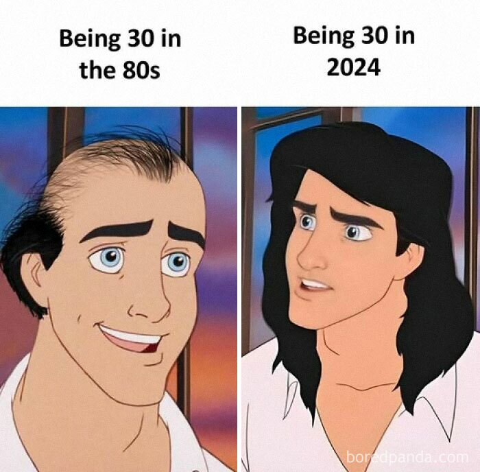 Comparison of animated characters showing being 30 in the 80s versus being 30 in 2024 from a hilarious memes Facebook page.