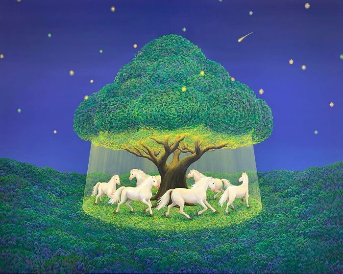 White horses running beneath a glowing tree in calming artwork by Mulgil Kim under a starry night sky.