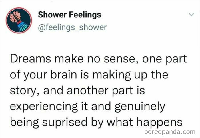 Tweet from Shower Feelings about how dreams involve different parts of your brain, a relatable thought to occupy your brain while showering.