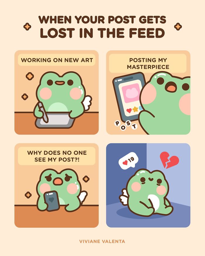 Cute frog illustrations expressing frustration over social media posts lost in the feed, featuring relatable food puns.