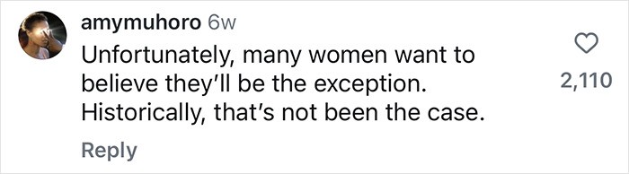 Comment from amymuhoro warning women about marriage expectations, sparking massive praise in a viral clip.