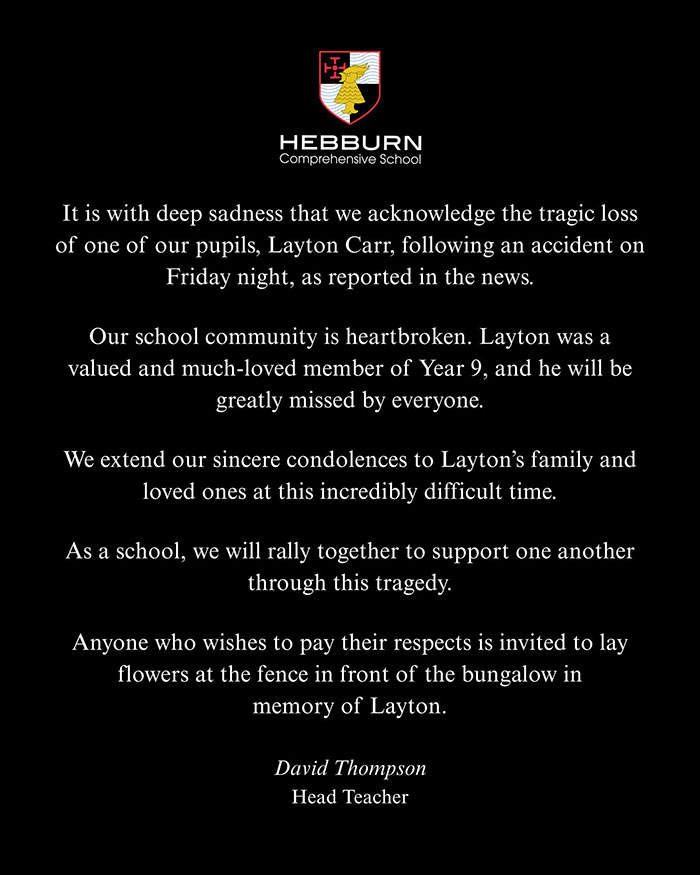 Hebburn Comprehensive School announces the tragic loss of a pupil amid industrial park fire and children's arrests. Hebburn Comprehensive School announces the tragic loss of a pupil amid industrial park fire and children's arrests.