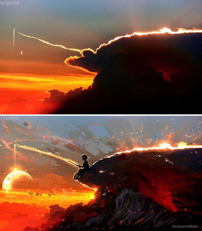 Surreal scene showing fantastical worlds by repainting photos, featuring a glowing sky and a boy fishing from a cloud.