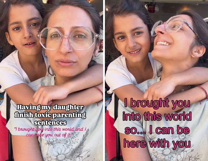 Mother and daughter together completing toxic parenting sentences with healing and supportive responses shown in text.