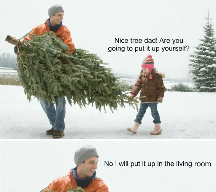 Man carrying Christmas tree with child asking if he will put it up himself, funny relatable memes from Instagram account.