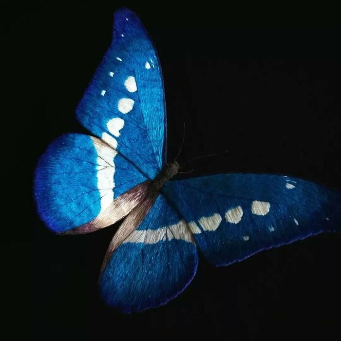 Blue embroidered fiber butterfly with white spots displayed against a black background, showcasing detailed stitching and texture.