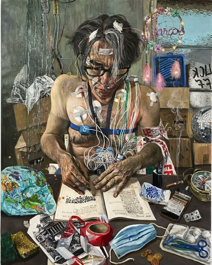 Man with wires and medical patches writing in a book, illustrating humorous layers and social tensions by this artist.