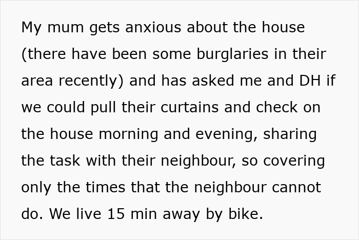 Text excerpt about wife asking husband to help check on elderly parents’ home, husband refusing the request due to workload concerns. Text excerpt about wife asking husband to help check on elderly parents’ home, husband refusing the request due to workload concerns.