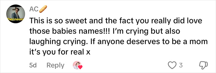 Comment praising a mom for her babies' names, expressing emotional laughter and support for her as a mom.