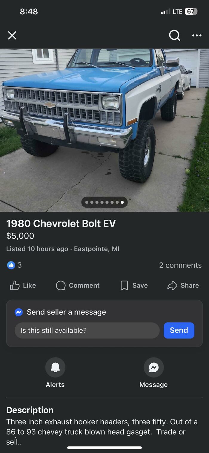 Vintage blue and white Chevy truck listed for sale on Facebook Marketplace among wildest items found for sale on the platform.