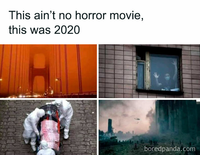Collage of disturbing and unsettling events from 2020 including a smoky bridge, masked people, and hazy disaster scenes.