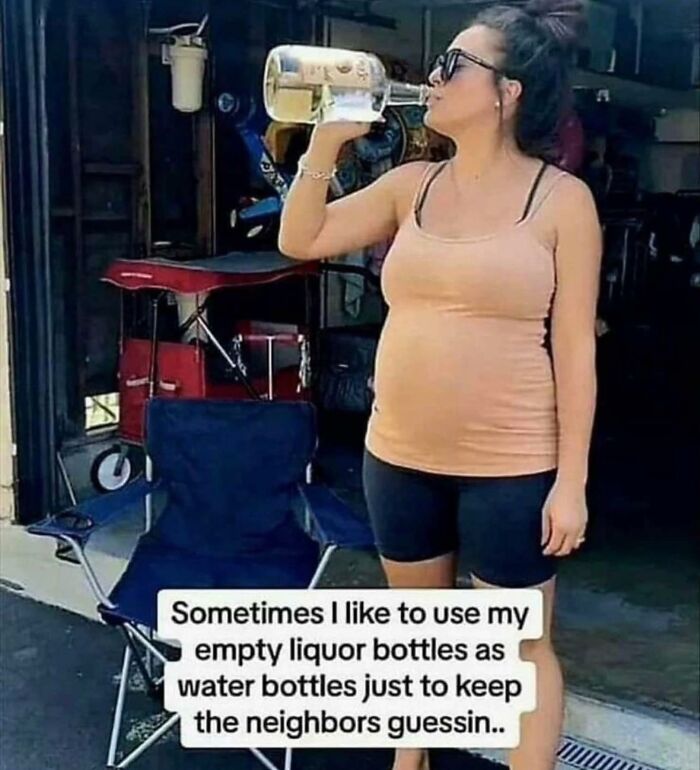 Woman humorously drinking from an empty liquor bottle used as a water bottle in a funny post about sharing laughs with friends.