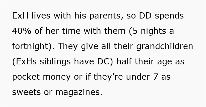 Text discussing jealous grandparents unhappy about ex-in-laws giving money to child, causing family tension over generosity.