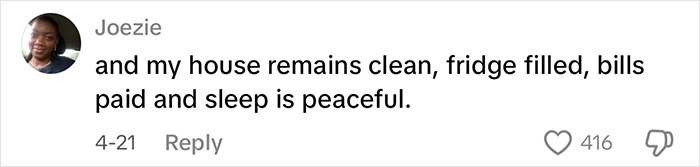 Woman sharing a relatable comment on why women love being alone, highlighting peace and a clean, organized home.