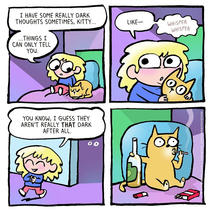 Comic by Jim Benton showing a person sharing dark thoughts with a cat, ending with an unexpected twist involving the cat.