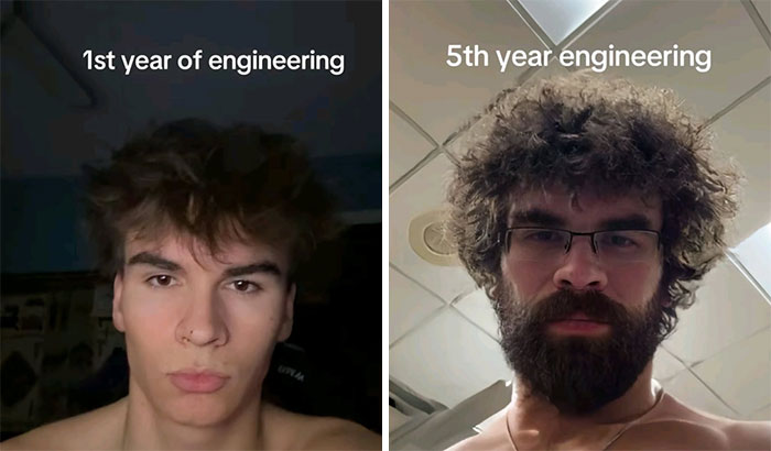 Side-by-side before and after pics of engineering students showing the physical changes over years of study struggle.
