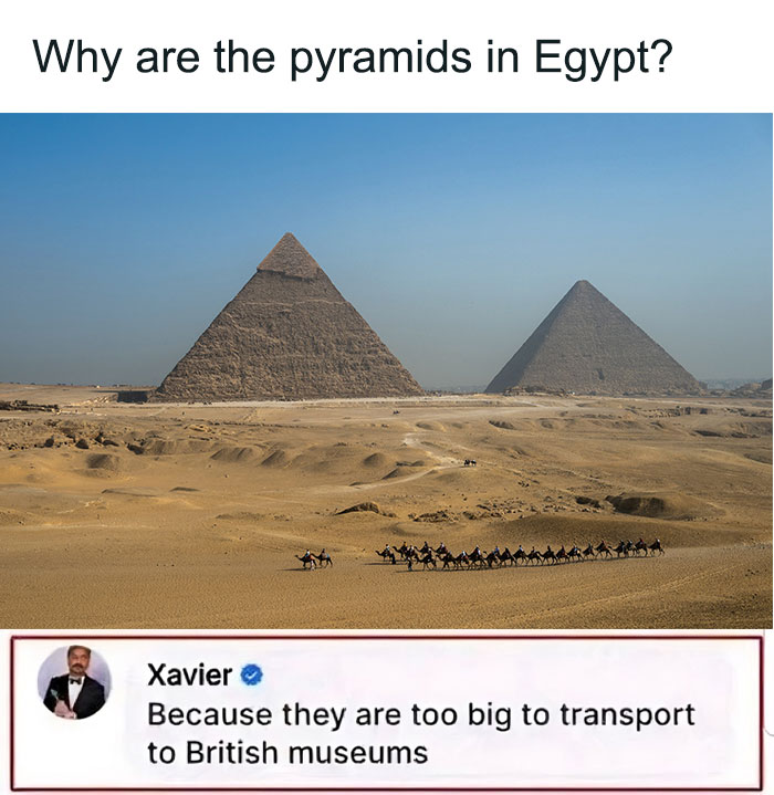 Humorous meme with pyramids in Egypt and a joke about their size relating to vegan memes balancing on the brink of being offensive.