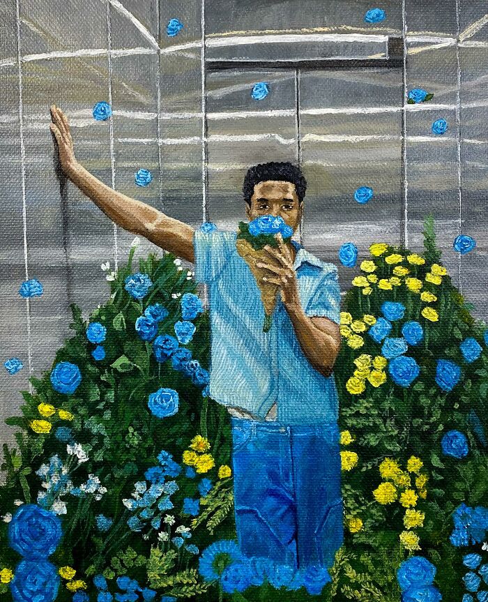 Painting of a man surrounded by blue and yellow flowers, exploring colours, space, and identity through vibrant artwork.