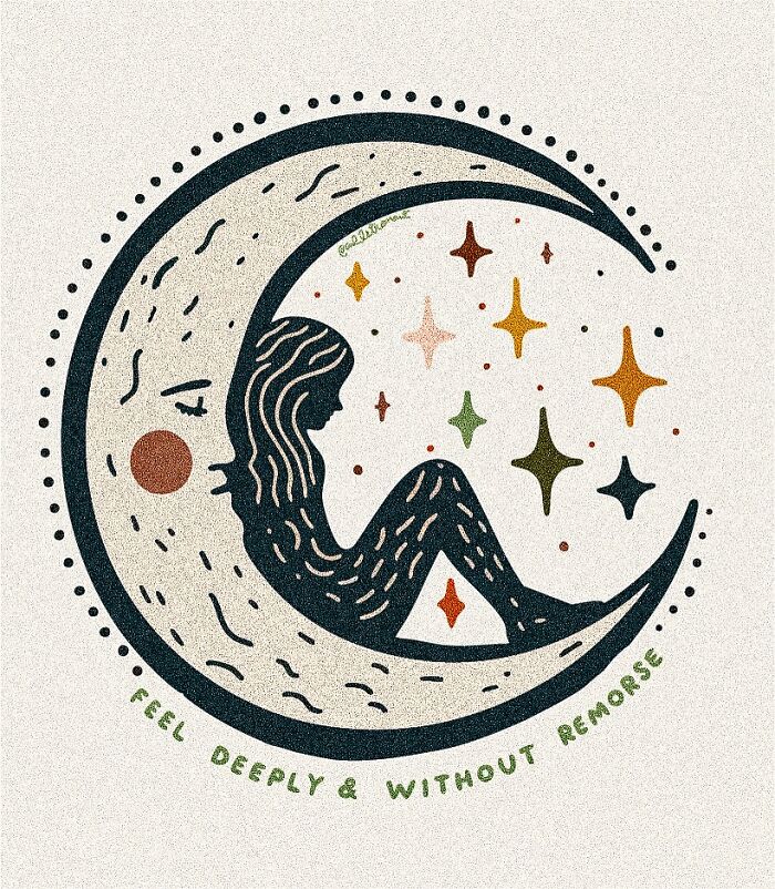 Abstract art therapy illustration of a person resting on a crescent moon surrounded by colorful stars expressing vulnerability.