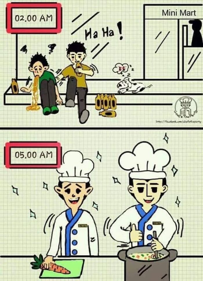 Two scenes showing hospitality workers at 2 AM exhausted and 5 AM energetic, illustrating relatable hospitality work memes.