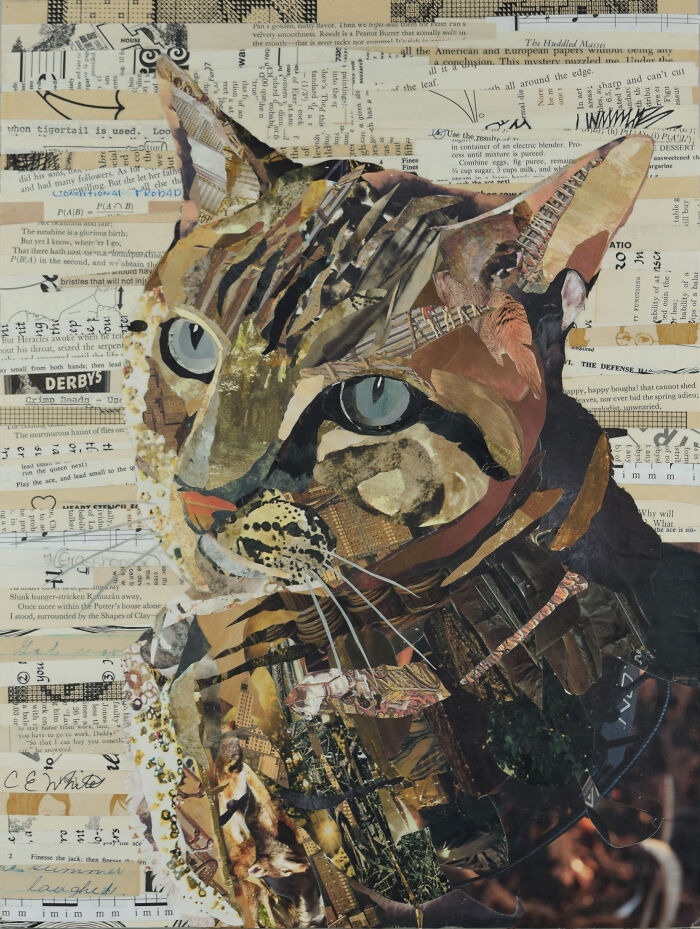 Collage photo manipulation of a cat composed of torn paper, newspaper clippings, and textured elements in warm tones.