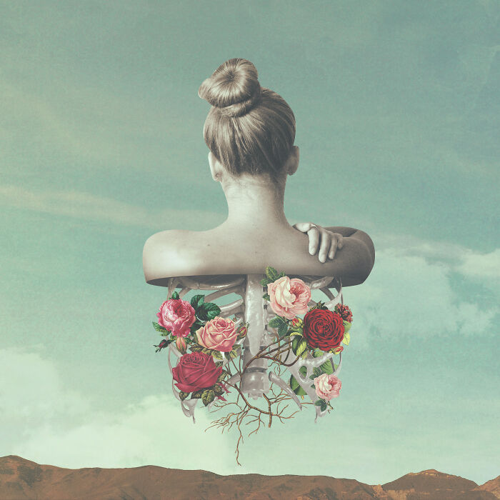 Surreal photo manipulation of a woman with flowers and ribs replacing her back, set against a soft sky and mountain landscape.