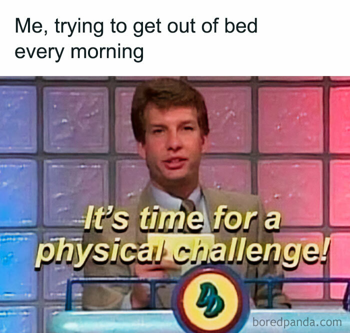 Man in suit with caption saying its time for a physical challenge, nostalgic pics unlocking memories and humor.