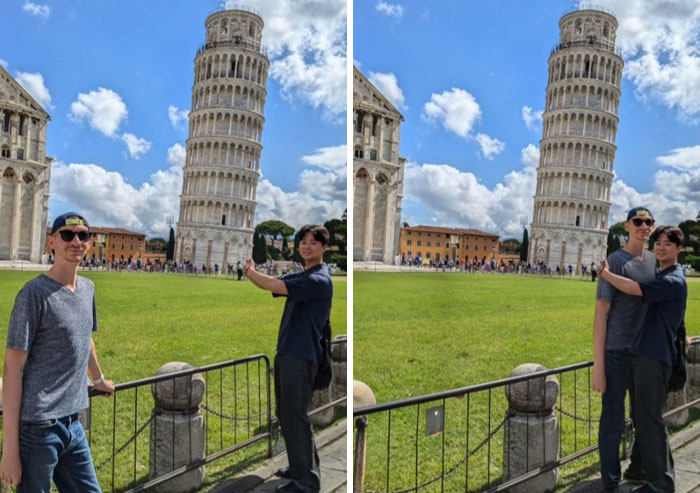 Two men at the Leaning Tower of Pisa with one photo showing a literal Photoshop edit of them holding and hugging the tower.